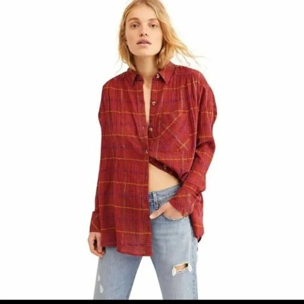 Free People Break My Stripe Red Oversized Plaid Button Down Top